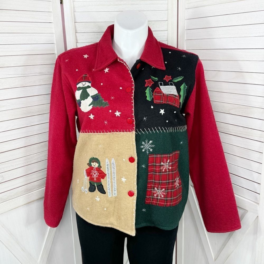 Take Two Vtg Wool Christmas Jacket Womens Large Felt Patchwork Winter Colorblock